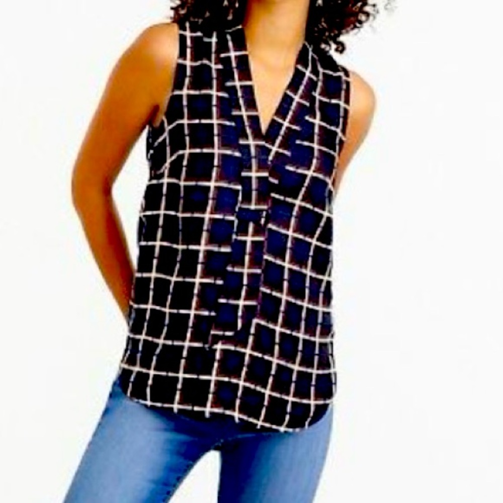 NWOT!! J.Crew Silk Top in Windowpane Print Size 6 Black Brown Blue Plaid